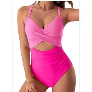 Womens One Piece Swimsuit Med Pink Crisscross Cutout Beachwear Sexy Vacation